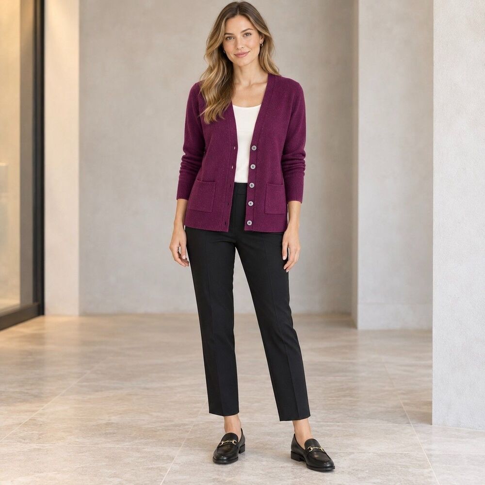 Pure Collection 100% Cashmere Boyfriend Cardigan UK 10 US 4/6 Purple Speckled